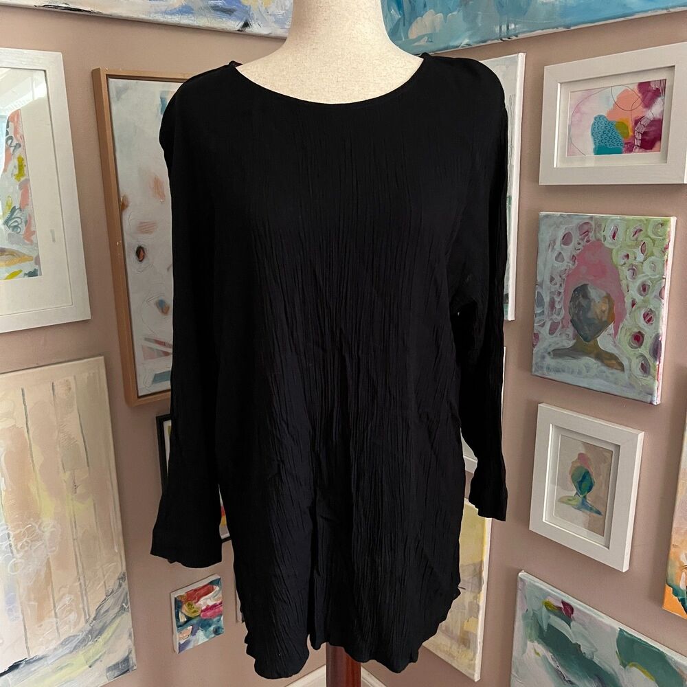 Vintage Carole Little Black Crinkle Tunic Made in USA 100% Rayon 90s Top‎ Sz 14
